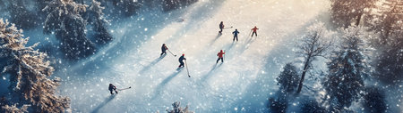 Aerial view of group of children playing ice hockey on frozen pond in winter forest.の素材