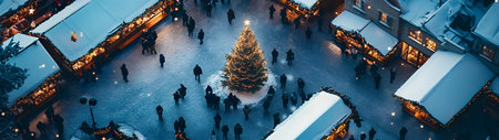 Aerial view of Christmas marketplace on the old town square covered with snow in the evening. Concept of Christmas shopping.の素材