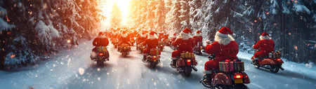 Group of Santa Clauses riding motorcycles carrying gifts in winter forest and sunset in the background. Concept of technology, delivery, logistics, innovation and Christmas.の素材
