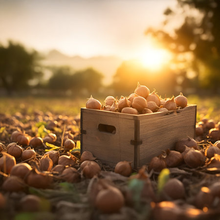 Almond nuts harvested in a wooden box in a plantation with sunset. Natural organic fruit abundance. Agriculture, healthy and natural food concept.の素材