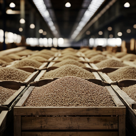 Sesame seeds harvested in wooden boxes in a warehouse. Natural organic fruit abundance. Healthy and natural food storing and shipping concept.の素材