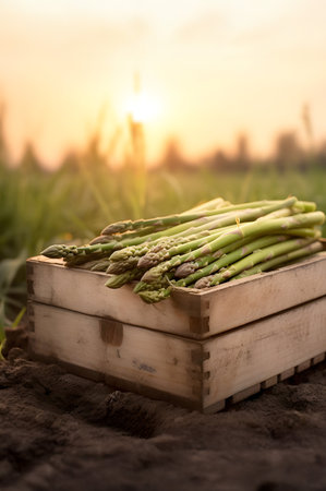 Asparagus harvested in a wooden box in a field with sunset. Natural organic vegetable abundance. Agriculture, healthy and natural food concept. Vertical composition.の素材