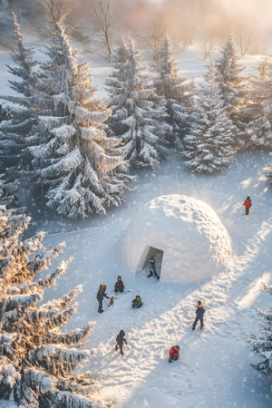 Aerial view of children building igloo in winter forest with snow covered surface, spruce trees and sunshine in the background.の素材