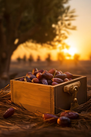 Dates harvested in a wooden box in a plantation with sunset. Natural organic fruit abundance. Agriculture, healthy and natural food concept. Vertical composition.の素材