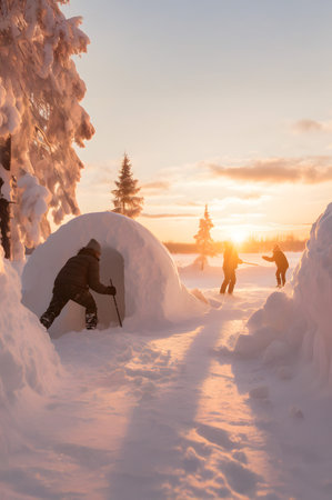 Group of children building igloo in winter countryside with snow covered surface, trees and sunset in the background.の素材
