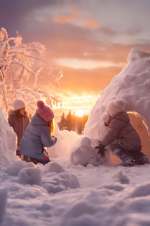 Group of children building igloo in winter countryside with snow covered surface, trees and sunset in the background.の素材