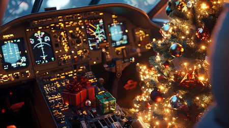 Decorated Christmas tree with gifts inside a cocpit of an airplane. Concept of Christmas celebration during flight, travel and holiday.の素材