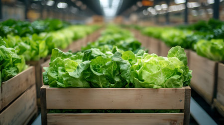 Lettuce harvested in wooden boxes in a warehouse. Natural organic fruit abundance. Healthy and natural food storing and shipping concept.の素材