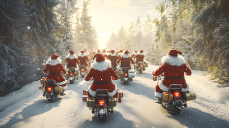 Group of Santa Clauses riding motorcycles carrying gifts in winter forest and sunset in the background. Concept of technology, delivery, logistics, innovation and Christmas.の素材
