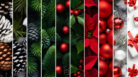 Abstract background with seasonal and winter stripes with plant, leaf, ball, cone, spice, sweets and gifts texture in green, red, white, brown and beige colors. Horizontal composition. Concept of Christmas, holiday and New Year.の素材