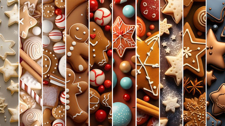 Colorful abstract background with Christmas sweet, gingerbread piece and cookie stripes. Concept of Christmas, holiday and New Year food. Horizontal composition, banner.の素材
