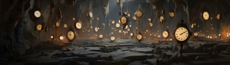 Dark cave full of vintage clocks on the stone walls. Concept of time and infinity.の素材