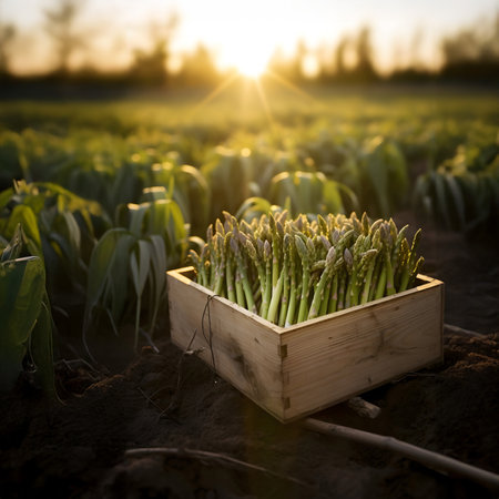 Asparagus harvested in a wooden box in artichoke field with sunset. Natural organic vegetable abundance. Agriculture, healthy and natural food concept. Square composition.の素材