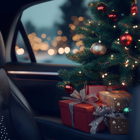 Decorated Christmas tree with gifts inside an airplane. Concept of Christmas celebration during travel and holiday.の素材