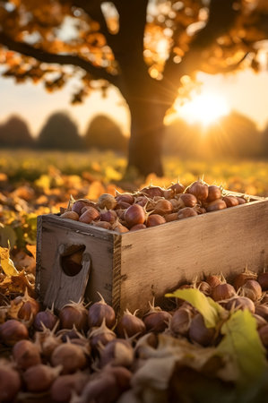 Almond nuts harvested in a wooden box in a plantation with sunset. Natural organic fruit abundance. Agriculture, healthy and natural food concept. Vertical composition.の素材