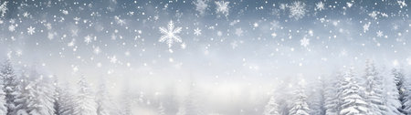 Abstract wihter forest with snowfall and snowflakes in winter. Horizontal composition.の素材