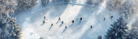 Aerial view of group of children playing ice hockey on frozen pond in winter forest.の素材