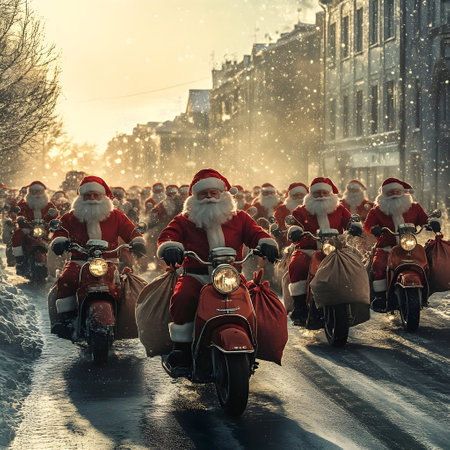Group of Santa Clauses riding motorcycles carrying gifts on the town street in winter. Concept of technology, delivery, logistics, innovation and Christmas.の素材