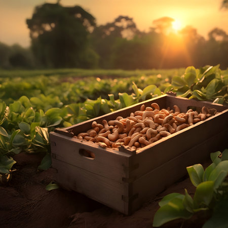 Cashew nuts harvested in a wooden box in a plantation with sunset. Natural organic fruit abundance. Agriculture, healthy and natural food concept. Vertical composition.の素材