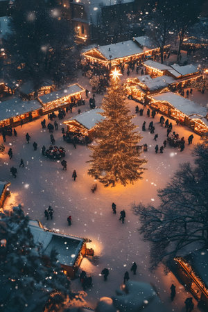 Aerial view of Christmas marketplace on the old town square covered with snow in the evening. Concept of Christmas shopping.の素材