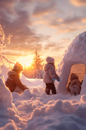 Group of children building igloo in winter countryside with snow covered surface, trees and sunset in the background.の素材