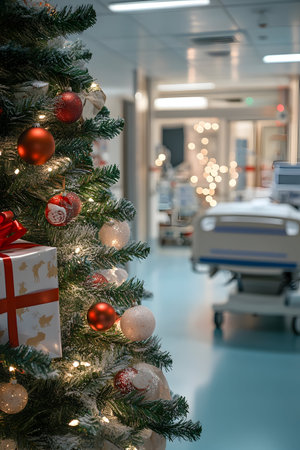 Decorated Christmas tree with gifts inside a hospital with medical appliances in the background. Concept of Christmas celebration during working.の素材