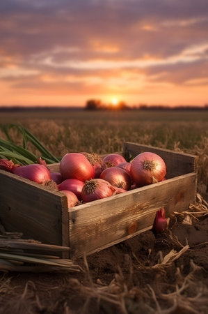 Red onions harvested in a wooden box with field and sunset in the background. Natural organic fruit abundance. Agriculture, healthy and natural food concept. Vertical composition.の素材