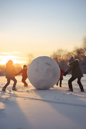 Group of children with huge snow ball in winter countryside with snow covered trees and surface in the evening, sunset in the background.の素材