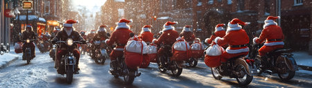 Group of Santa Clauses riding motorcycles carrying gifts on the town street in winter. Concept of technology, delivery, logistics, innovation and Christmas.の素材