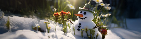 Snowman on a meadow with grass and spring flowers growing through the melting snow. Concept of spring coming and winter leaving.の素材
