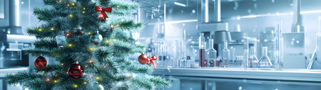 Decorated Christmas tree with gifts inside a laboratory with appliances and glass tubes in the background. Concept of Christmas celebration during working.の素材