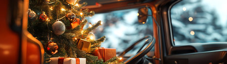 Decorated Christmas tree with gifts inside a truck standing on a passanger seat. Concept of Christmas celebration during travel and holiday.の素材
