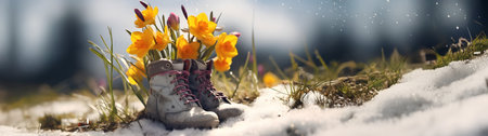 Boots with spring flowers on a meadow with grass growing through the melting snow. Concept of spring coming, winter leaving and gardening.の素材
