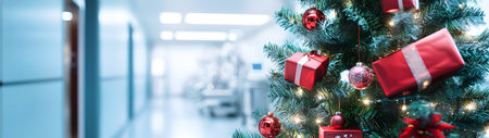 Decorated Christmas tree with gifts inside a hospital with medical appliances in the background. Concept of Christmas celebration during working.の素材