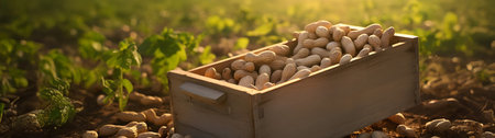 Peanuts harvested in a wooden box in a plantation with sunset. Natural organic fruit abundance. Agriculture, healthy and natural food concept.の素材