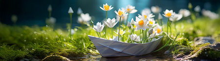 Paper boat with spring flowers and blooms floating on the water surface. Concept of spring, freedom and hope.の素材