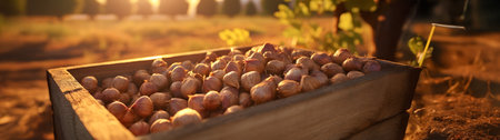 Hazelnuts harvested in a wooden box in a plantation with sunset. Natural organic fruit abundance. Agriculture, healthy and natural food concept.の素材