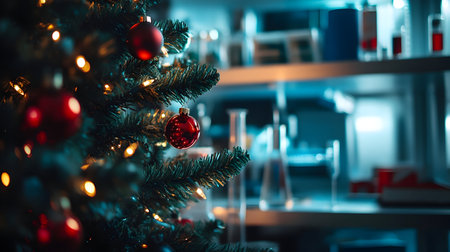 Decorated Christmas tree with gifts inside a laboratory with appliances and glass tubes in the background. Concept of Christmas celebration during working.の素材