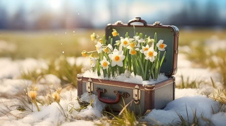 Vintage suitcase with spring flowers and blooms lying on the meadow with the rests of melting snow and grass growing. Concept of spring coming and winter leaving.の素材