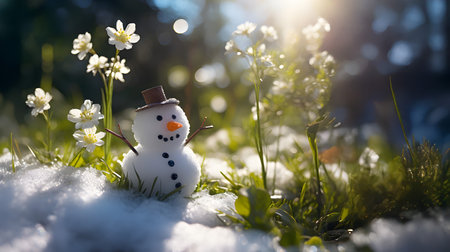 Snowman on a meadow with grass and spring flowers growing through the melting snow. Concept of spring coming and winter leaving.の素材