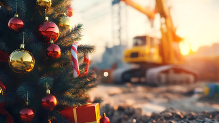Decorated Christmas tree with gifts inside a construction site with construction machinery in the background. Concept of Christmas celebration during working.の素材
