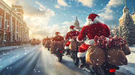 Group of Santa Clauses riding motorcycles carrying gifts on the town street in winter. Concept of technology, delivery, logistics, innovation and Christmas.の素材
