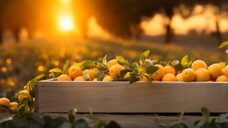 Kumquats harvested in a wooden box with orchard and sunshine in the background. Natural organic fruit abundance. Agriculture, healthy and natural food concept. Horizontal composition, banner.の素材