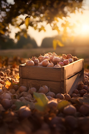 Hazelnuts harvested in a wooden box in a plantation with sunset. Natural organic fruit abundance. Agriculture, healthy and natural food concept. Vertical composition.の素材