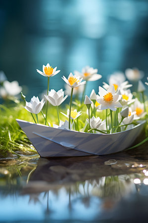 Paper boat with spring flowers and blooms floating on the water surface. Concept of spring, freedom and hope.の素材
