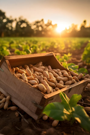 Peanuts harvested in a wooden box in a plantation with sunset. Natural organic fruit abundance. Agriculture, healthy and natural food concept. Vertical composition.の素材