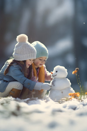 Children playing with snowman on a meadow with grass and spring flowers growing through the melting snow. Concept of spring coming and winter leaving.の素材