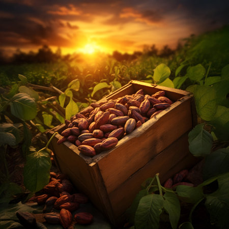Cocoa beans harvested in a wooden box in a plantation with sunset. Natural organic fruit abundance. Agriculture, healthy and natural food concept. Square composition.の素材