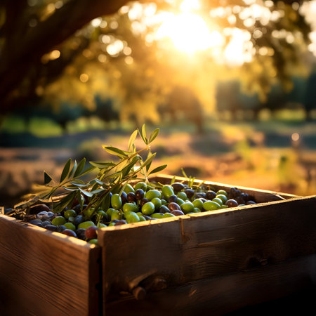 Olives harvested in a wooden box in a plantation with sunset. Natural organic fruit abundance. Agriculture, healthy and natural food concept. Square composition.の素材