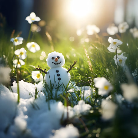 Snowman on a meadow with grass and spring flowers growing through the melting snow. Concept of spring coming and winter leaving.の素材